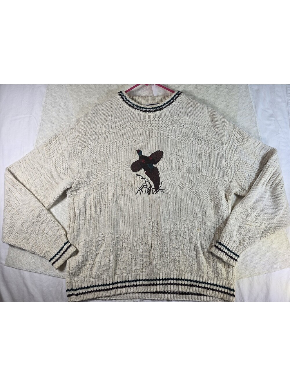 Vintage USA Made Shenandoah Pheasant Sweater XL Cream Knit Cabin Outdoors